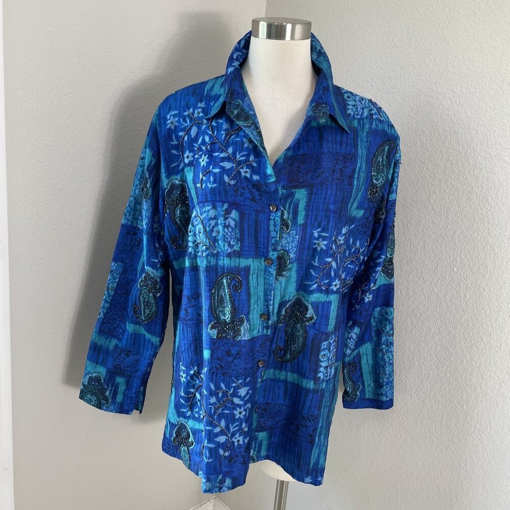 Chicos Design Shirt Womens Large Silk Paisley Floral Beaded Embroidered Boho Top